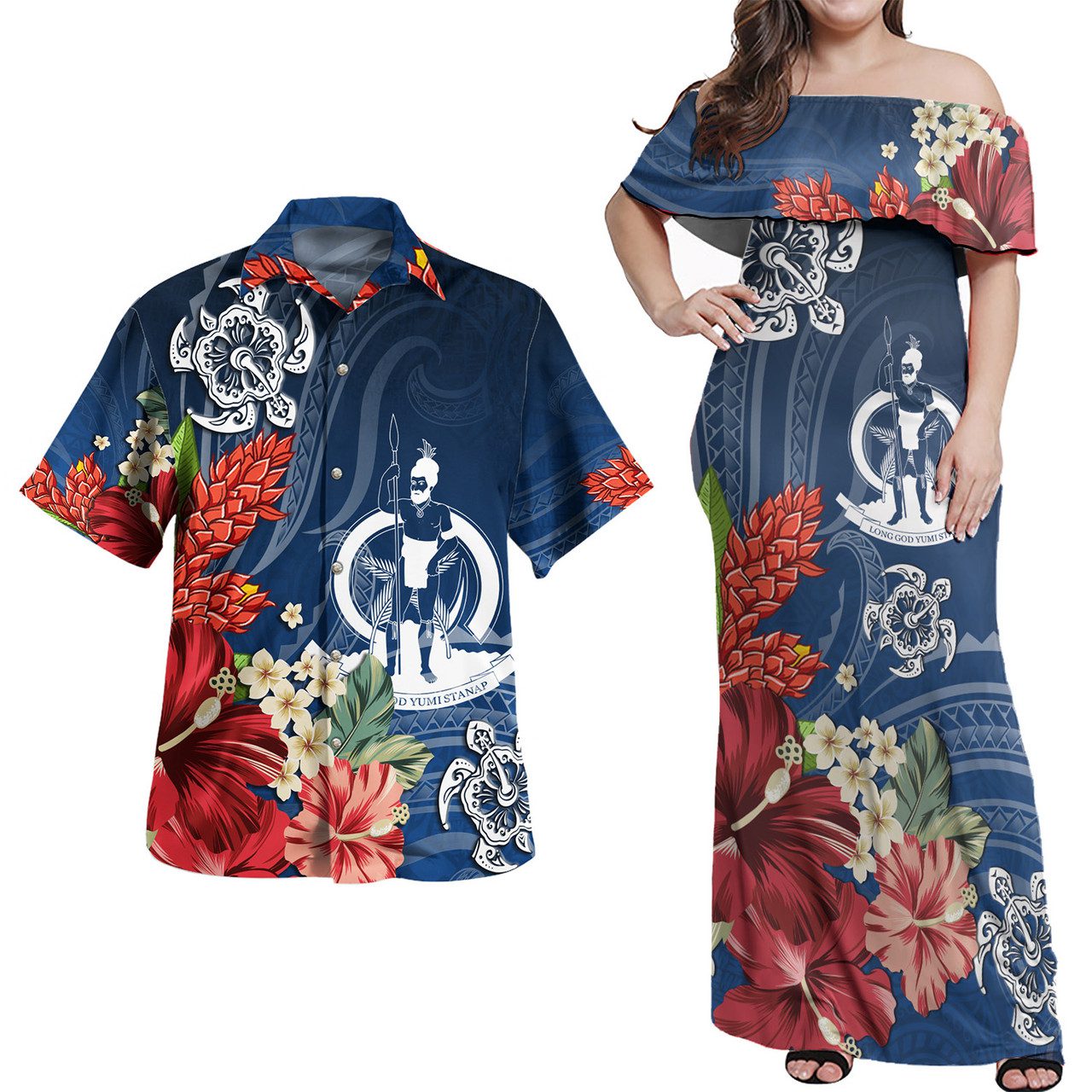 Vanuatu Combo Off Shoulder Long Dress And Shirt Flower And Turtle