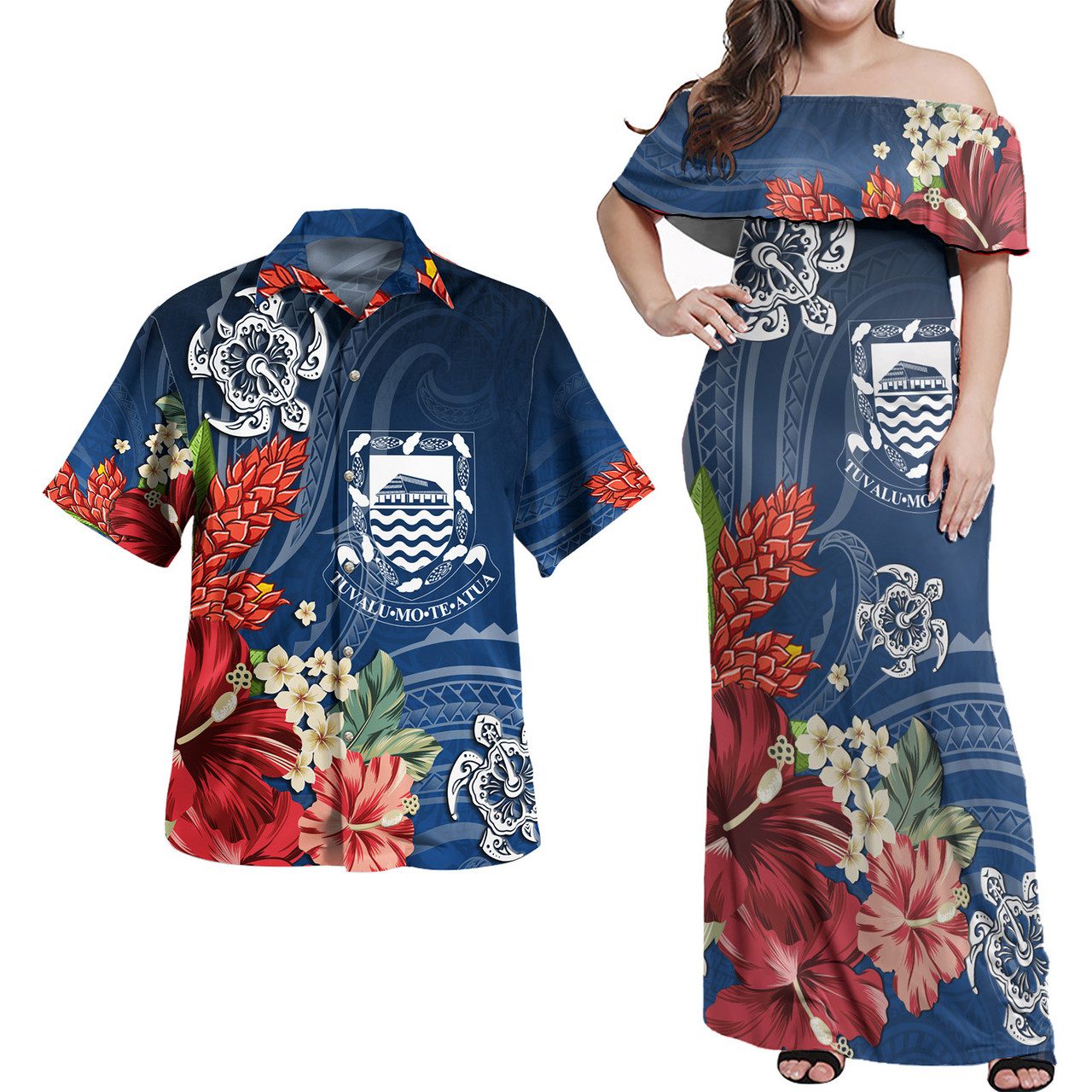 Tuvalu Combo Off Shoulder Long Dress And Shirt Flower And Turtle