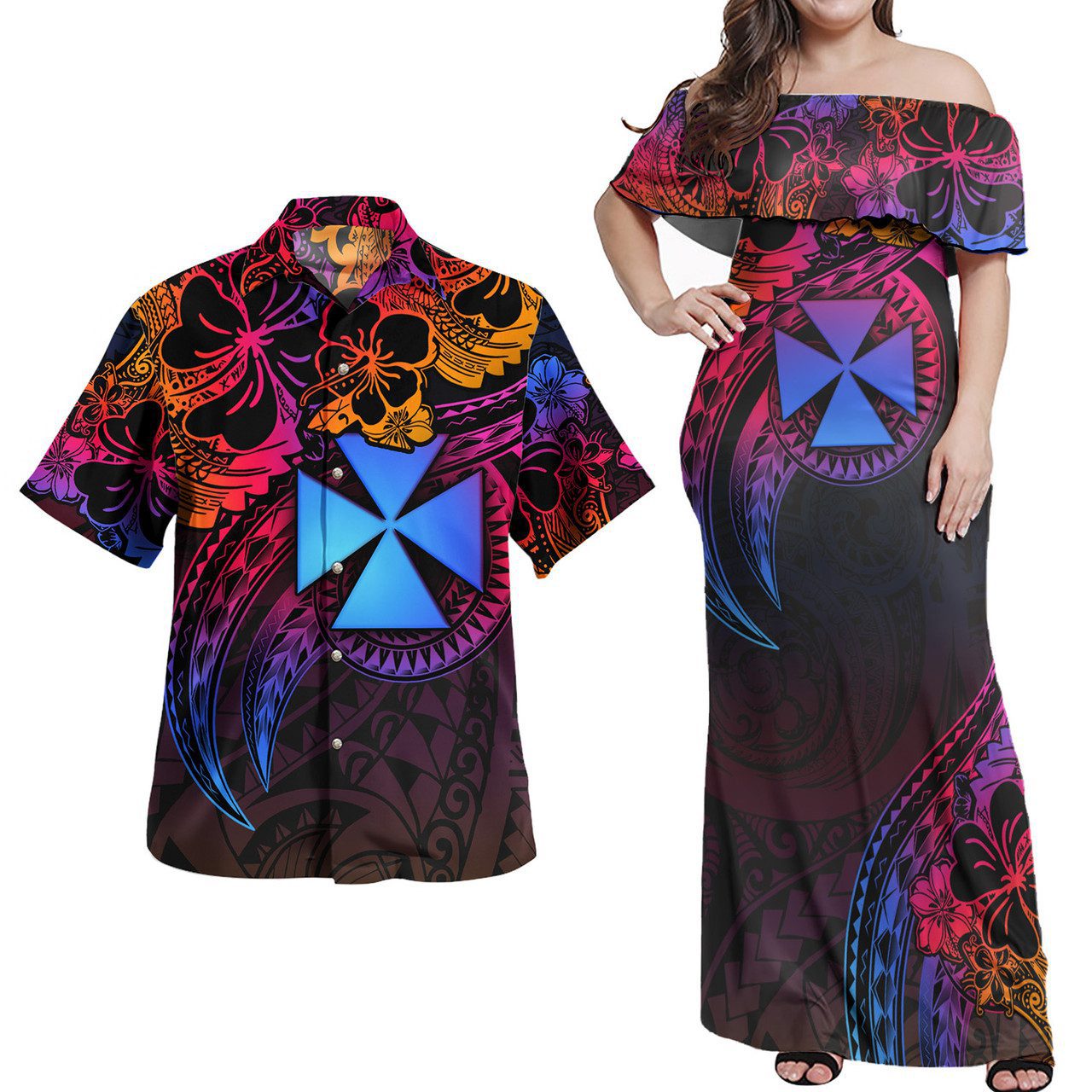 Wallis And Futuna Combo Off Shoulder Long Dress And Shirt Rainbow Style