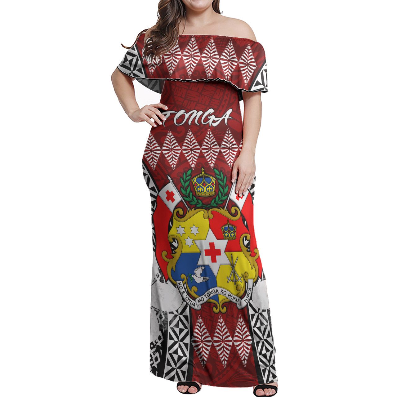 Tonga Woman Off Shoulder Long Dress – Pattern Inspired By Tonga And Polynesian With Coat Of Arms