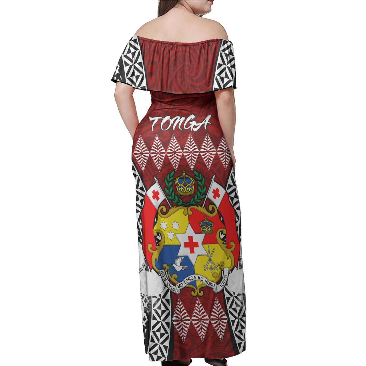 Tonga Woman Off Shoulder Long Dress – Pattern Inspired By Tonga And Polynesian With Coat Of Arms