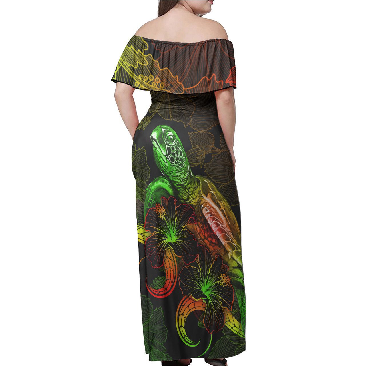 Hawaii Woman Off Shoulder Long Dress – Turtle With Blooming Hibiscus reggae
