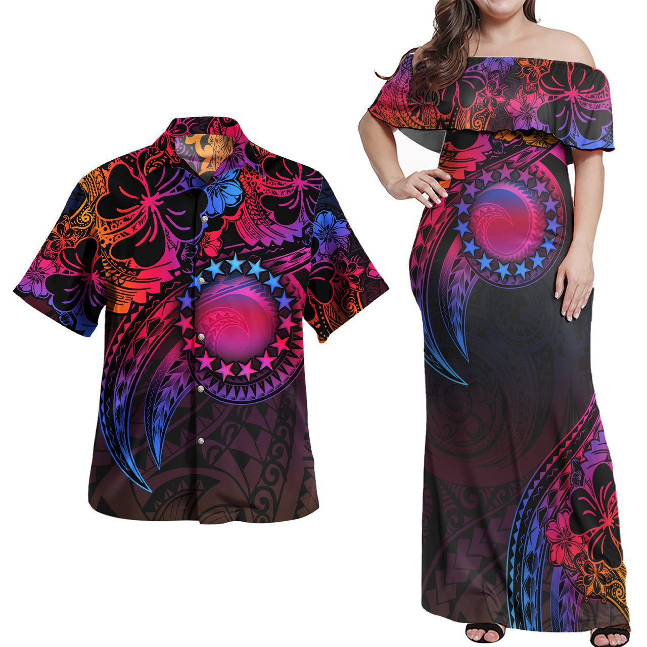 Cook Islands Combo Off Shoulder Long Dress And Shirt Rainbow Style