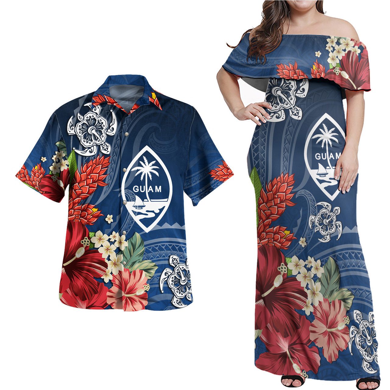 Guam Combo Off Shoulder Long Dress And Shirt Flower And Turtle