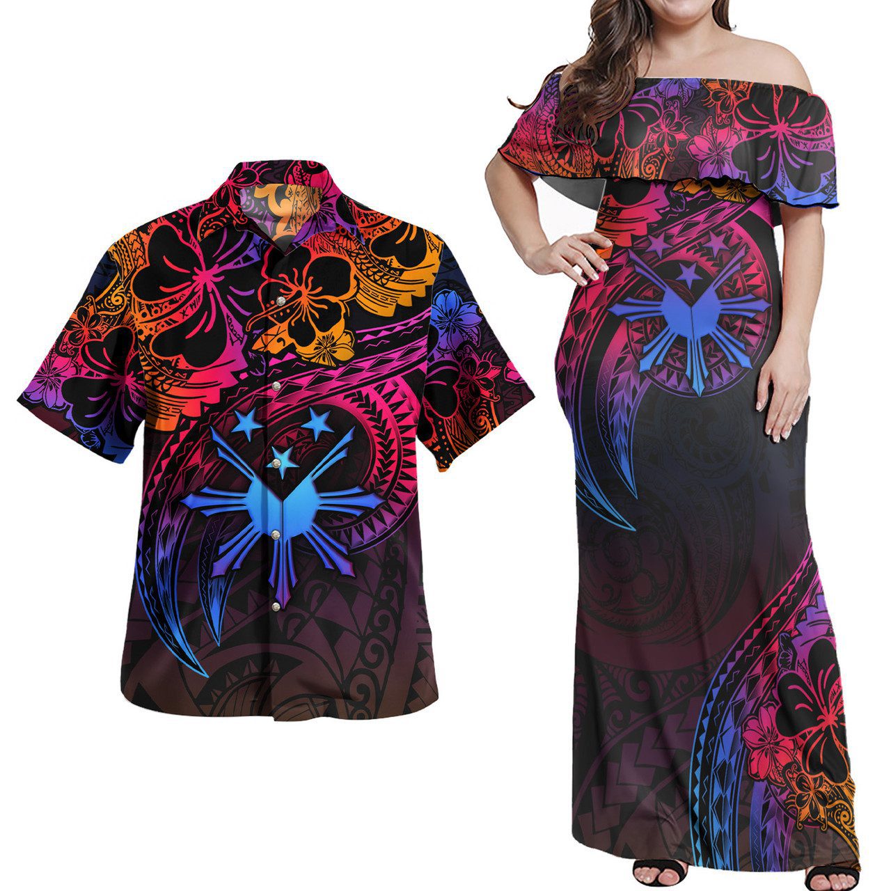 Philippines Filipinos Combo Off Shoulder Long Dress And Shirt Rainbow Style