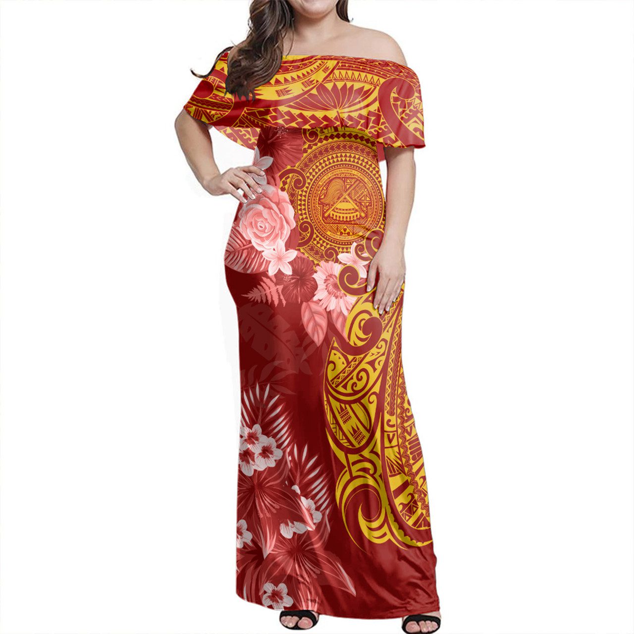 American Samoa Off Shoulder Long Dress Polynesian Tropical Plumeria Tribal Red