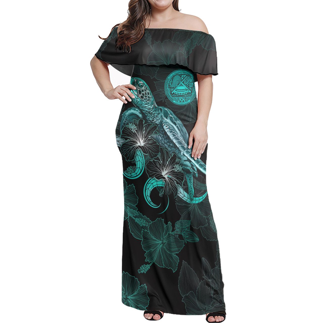 American Samoa Woman Off Shoulder Long Dress – American Samoa Seal With Turtle Blooming Hibiscus Turquoise