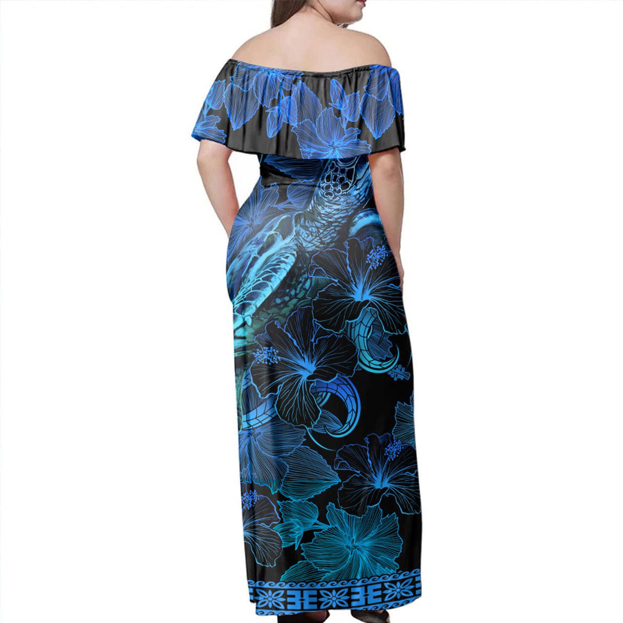 American Samoa Off Shoulder Long Dress Sea Turtle With Blooming Hibiscus Flowers Tribal Blue