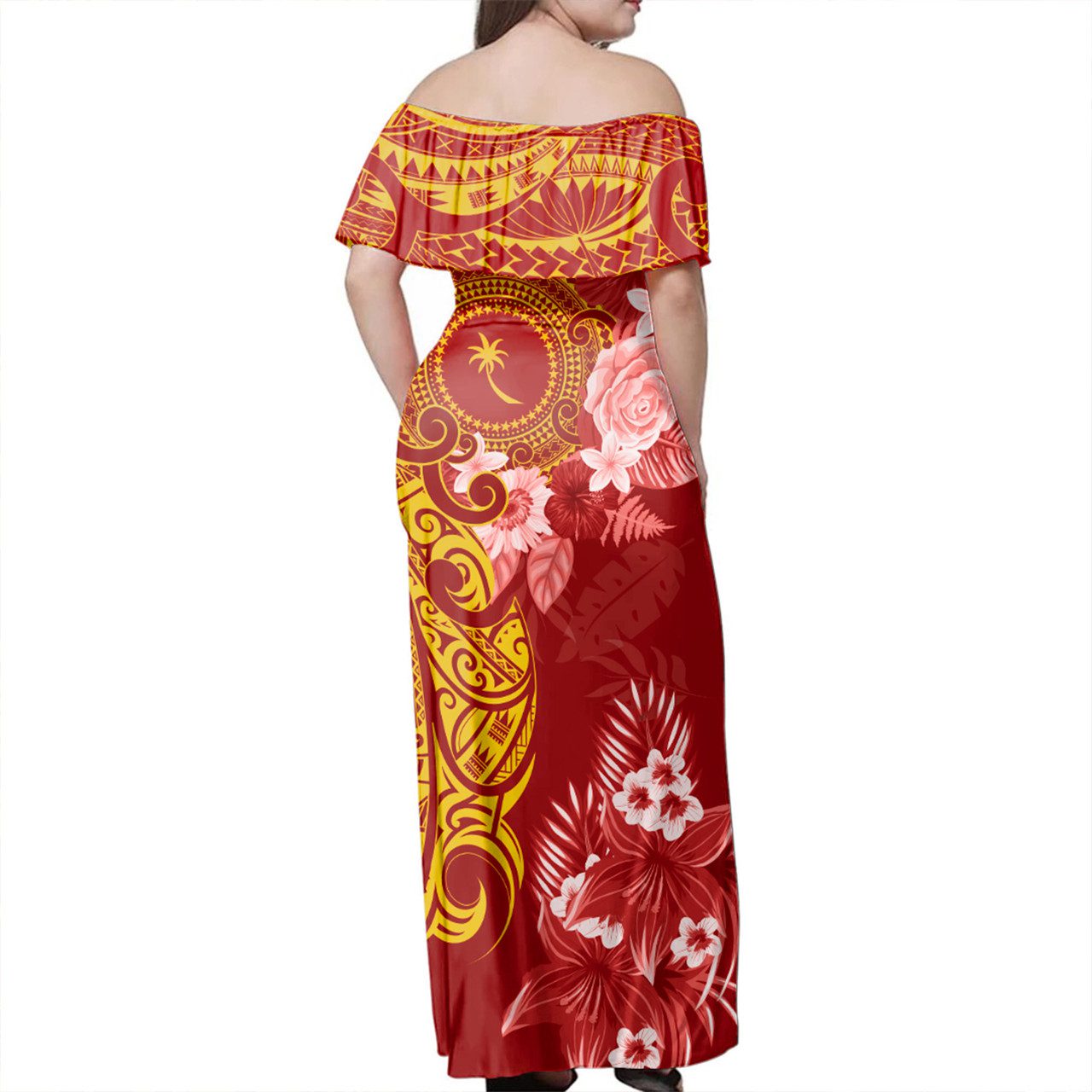 Chuuk State Off Shoulder Long Dress Polynesian Tropical Plumeria Tribal Red