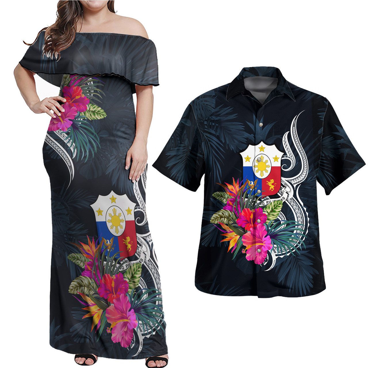 Philippines Filipinos Combo Off Shoulder Long Dress And Shirt Tropical Flower