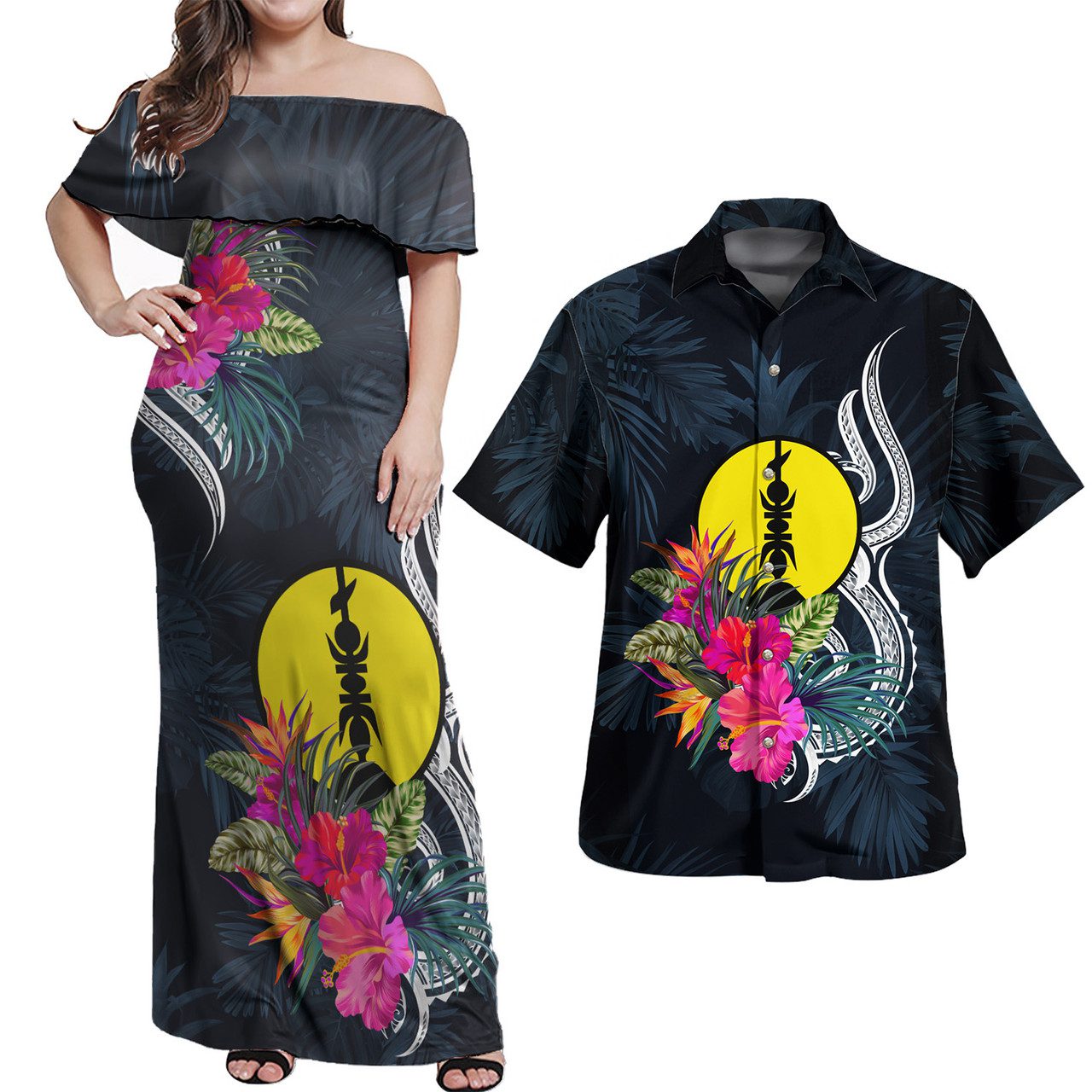 New Caledonia Combo Off Shoulder Long Dress And Shirt Tropical Flower