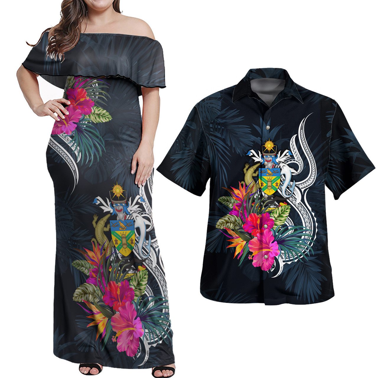 Solomon Islands Combo Off Shoulder Long Dress And Shirt Tropical Flower