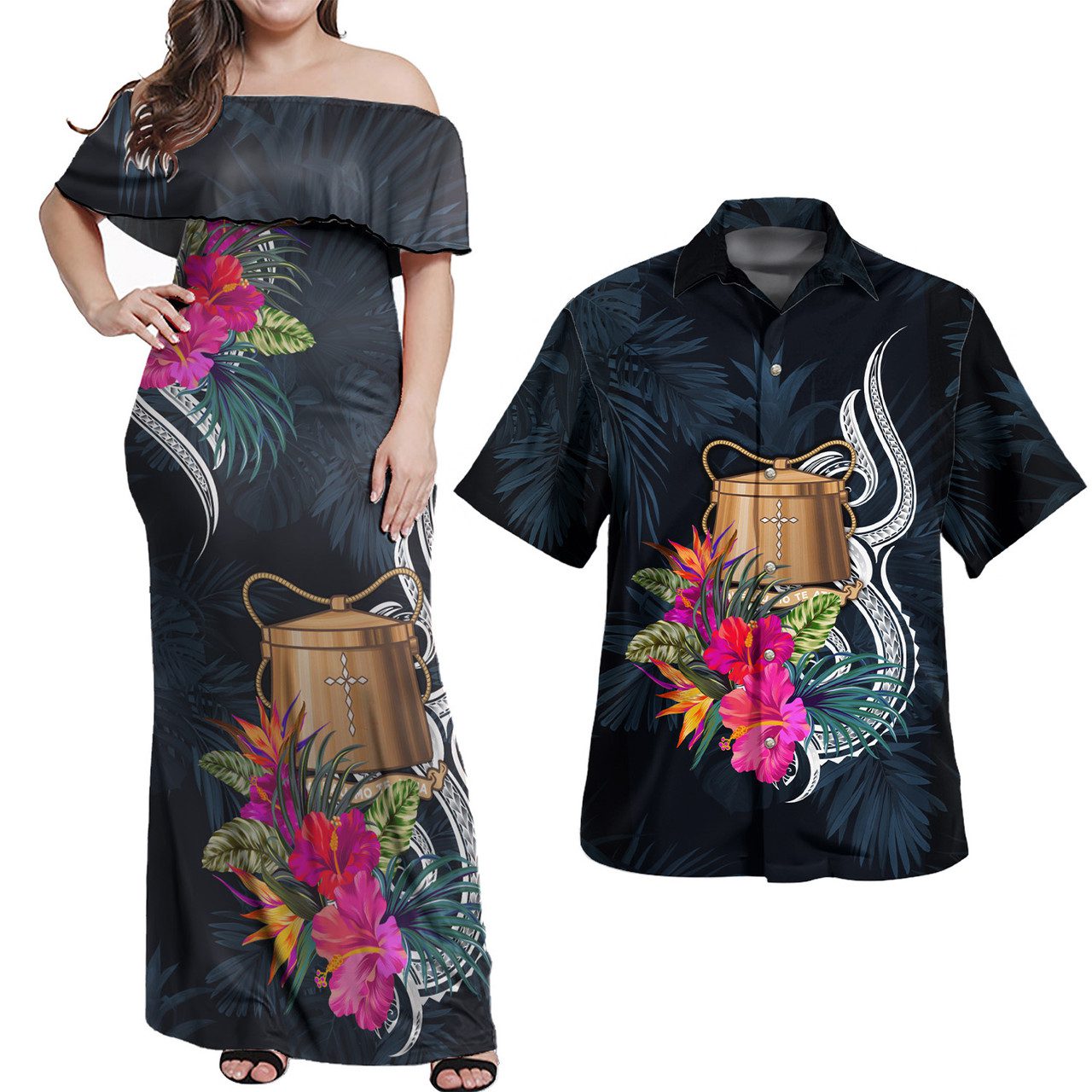 Tokelau Combo Off Shoulder Long Dress And Shirt Tropical Flower