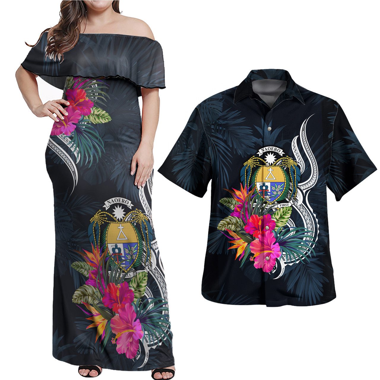 Nauru Combo Off Shoulder Long Dress And Shirt Tropical Flower