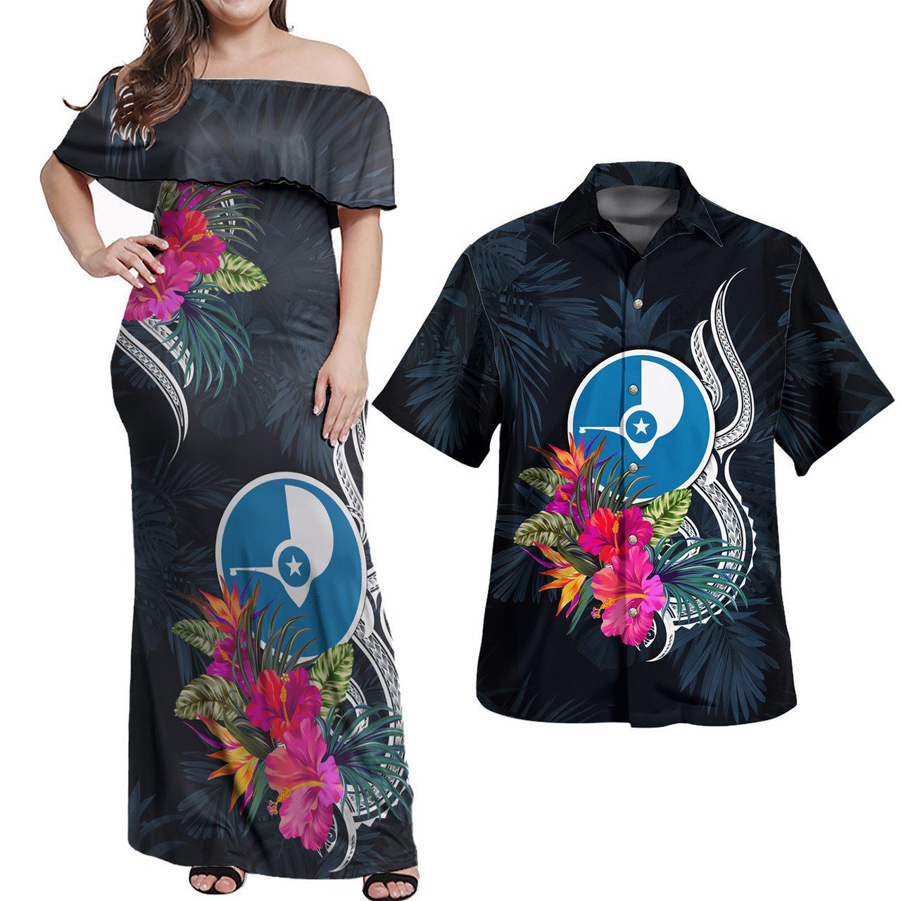 Yap State Combo Off Shoulder Long Dress And Shirt Tropical Flower