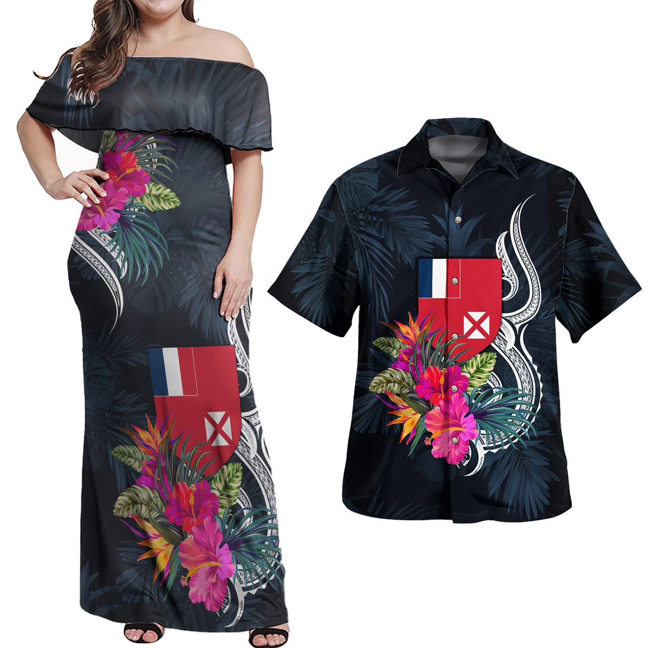 Wallis And Futuna Combo Off Shoulder Long Dress And Shirt Tropical Flower