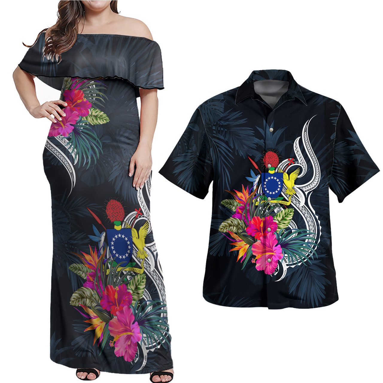 Cook Islands Combo Off Shoulder Long Dress And Shirt Tropical Flower