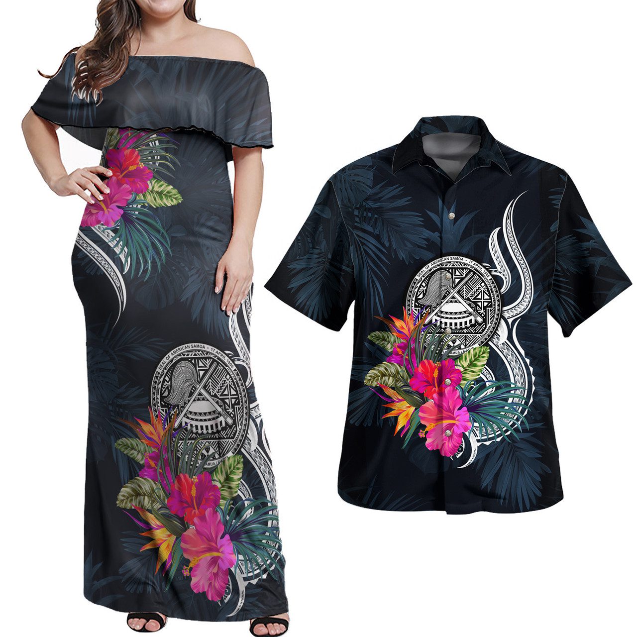 American Samoa Combo Off Shoulder Long Dress And Shirt Tropical Flower