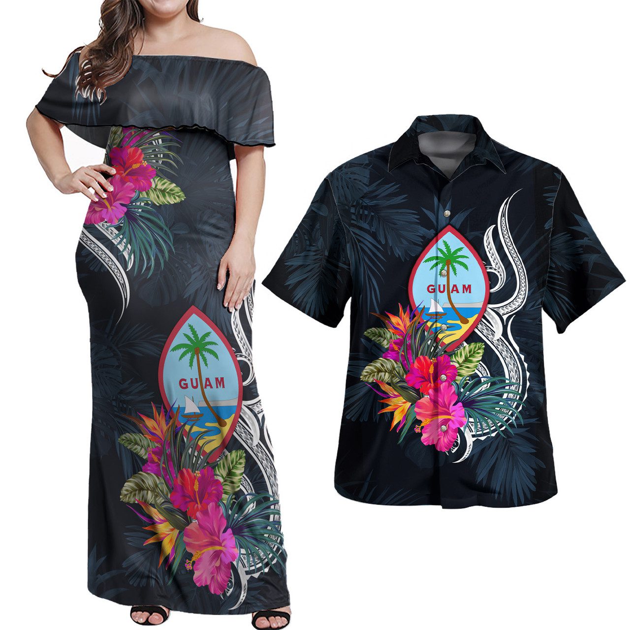 Guam Combo Off Shoulder Long Dress And Shirt Tropical Flower