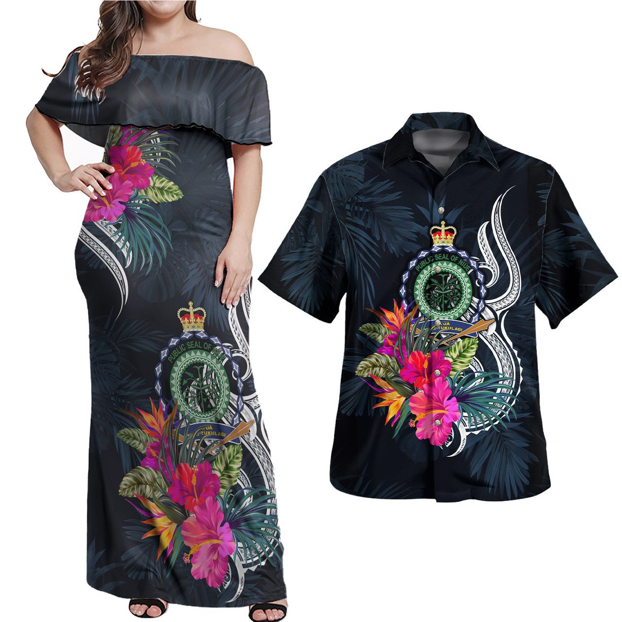 Niue Combo Off Shoulder Long Dress And Shirt Tropical Flower