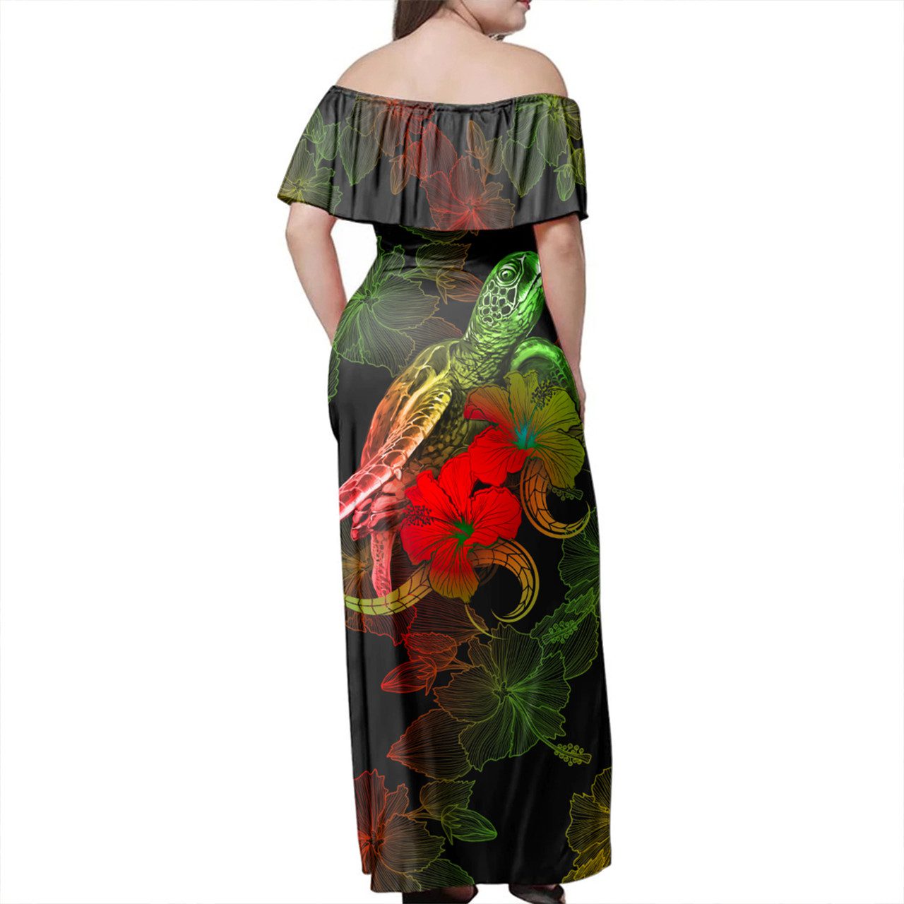 Chuuk State Woman Off Shoulder Long Dress – Sea Turtle With Blooming Hibiscus Flowers Reggae