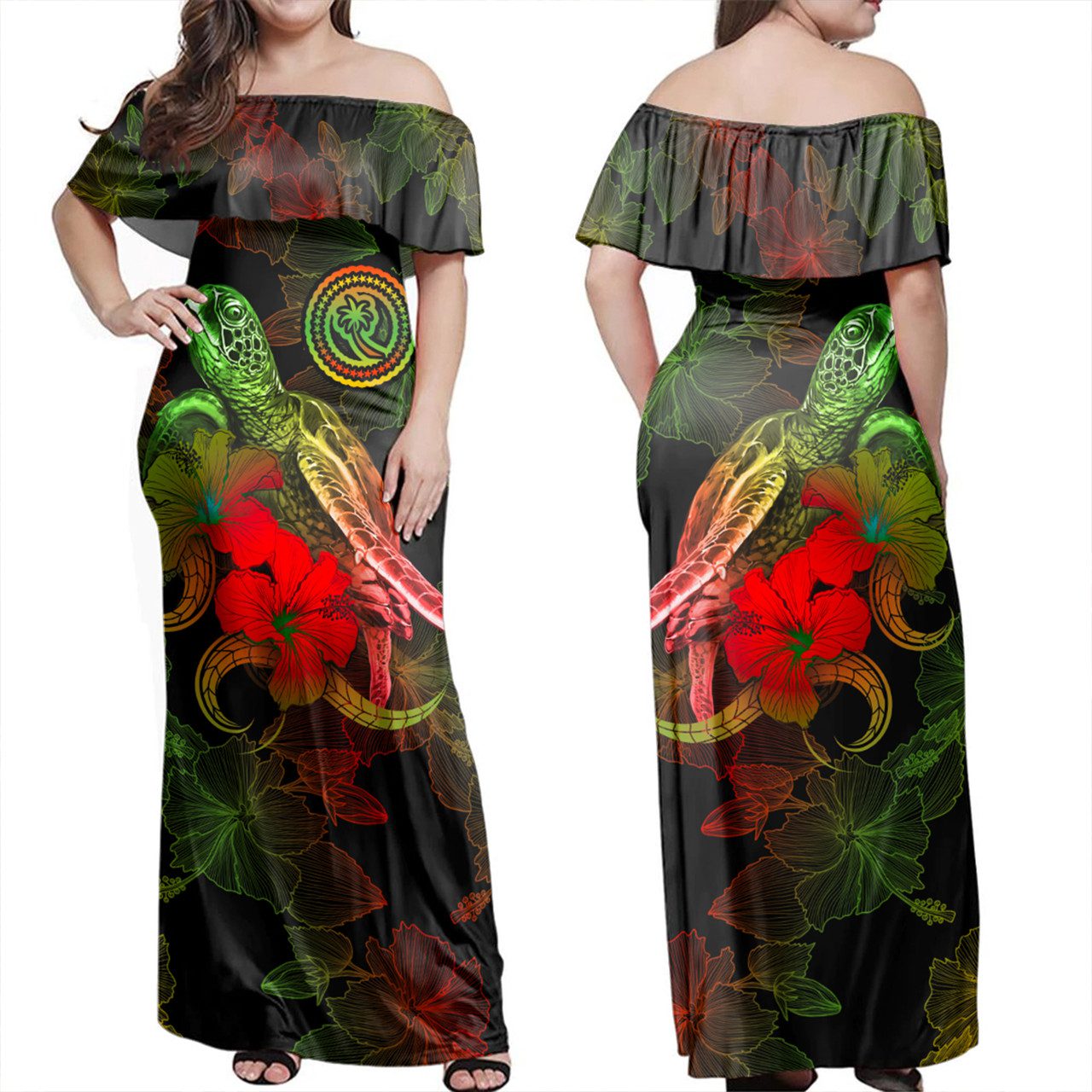 Chuuk State Woman Off Shoulder Long Dress – Sea Turtle With Blooming Hibiscus Flowers Reggae