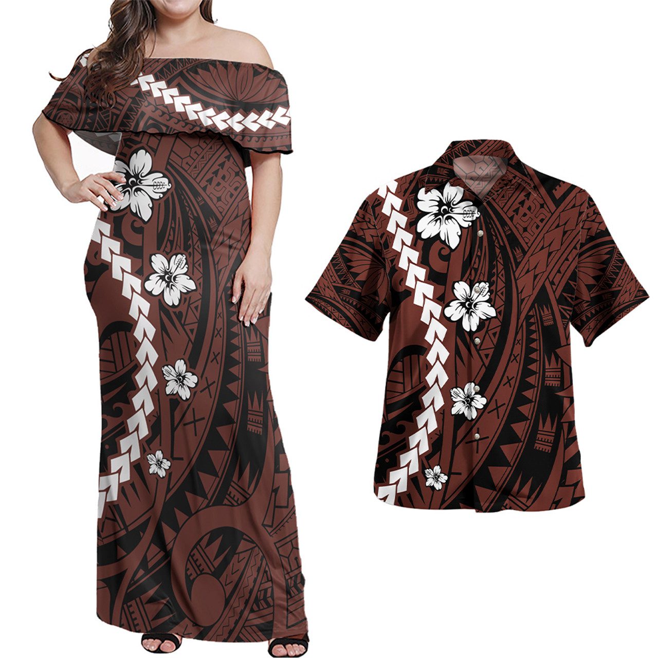 Combo Off Shoulder Long Dress And Shirt Polynesian Pattern White Hibiscus