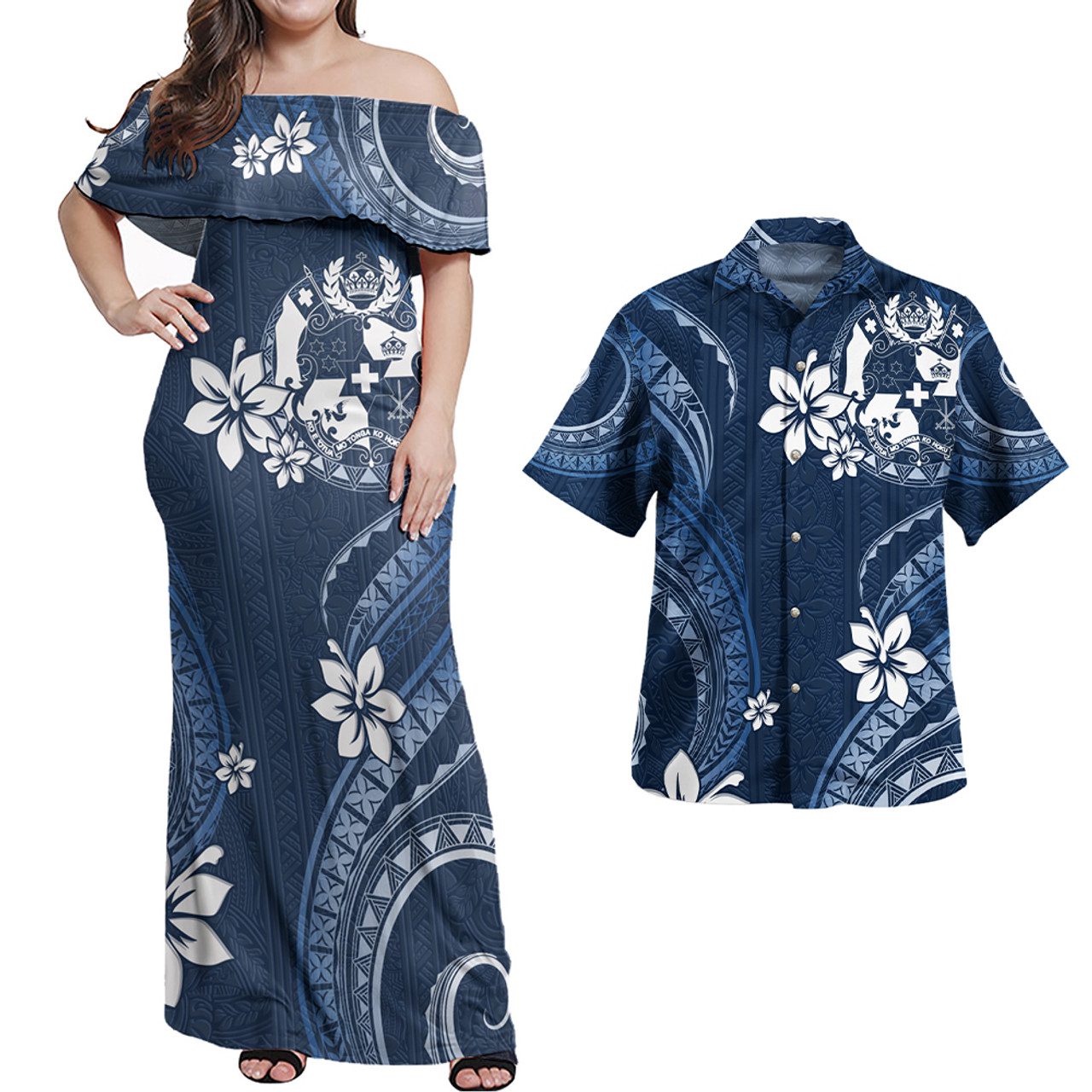 Tonga Combo Off Shoulder Long Dress And Shirt White Hibiscus Blue Pattern