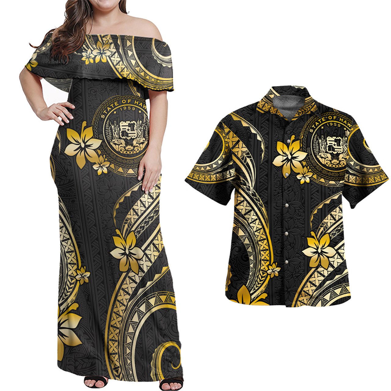 Hawaii Combo Off Shoulder Long Dress And Shirt Golden Polynesian Pattern