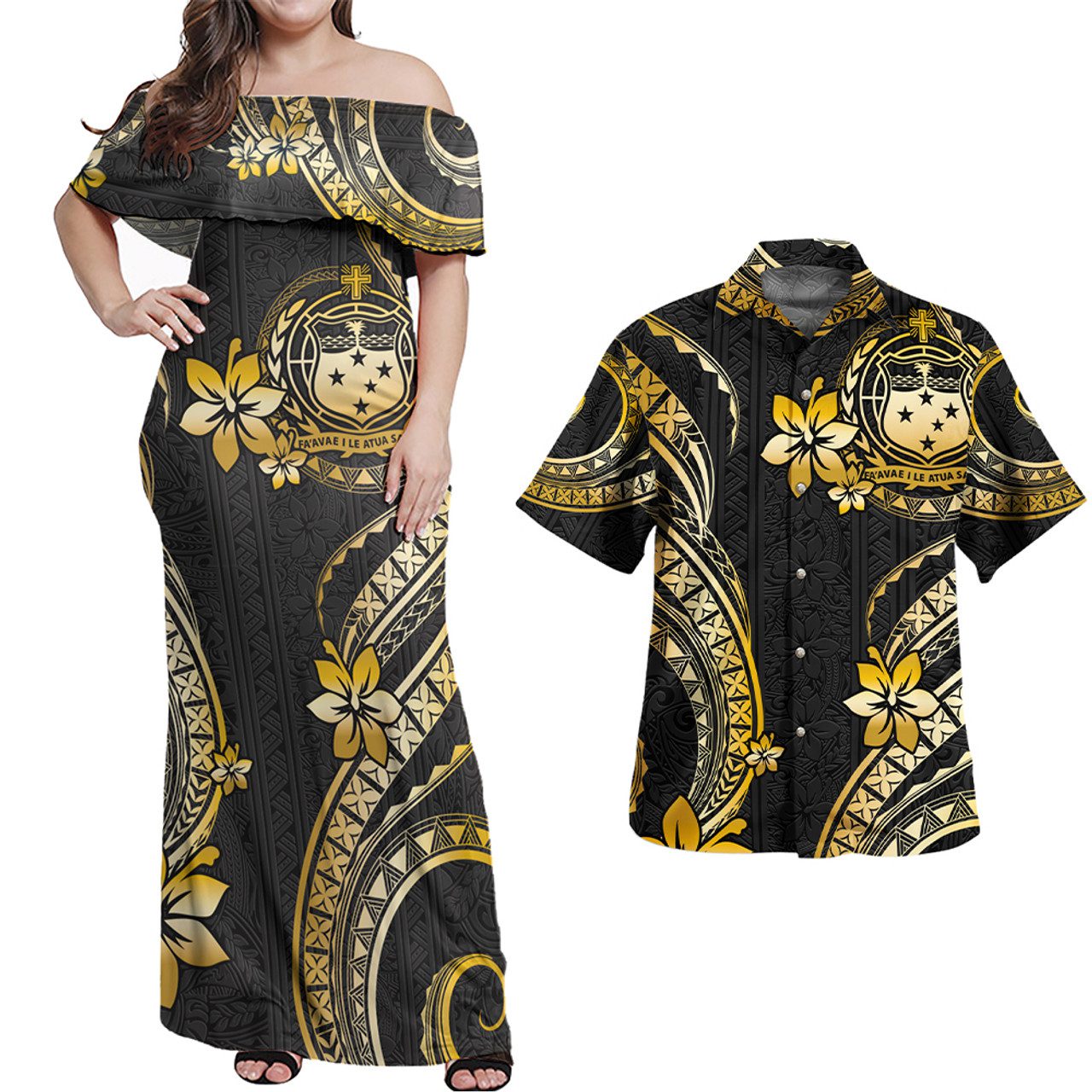 Samoa Combo Off Shoulder Long Dress And Shirt Golden Polynesian Pattern