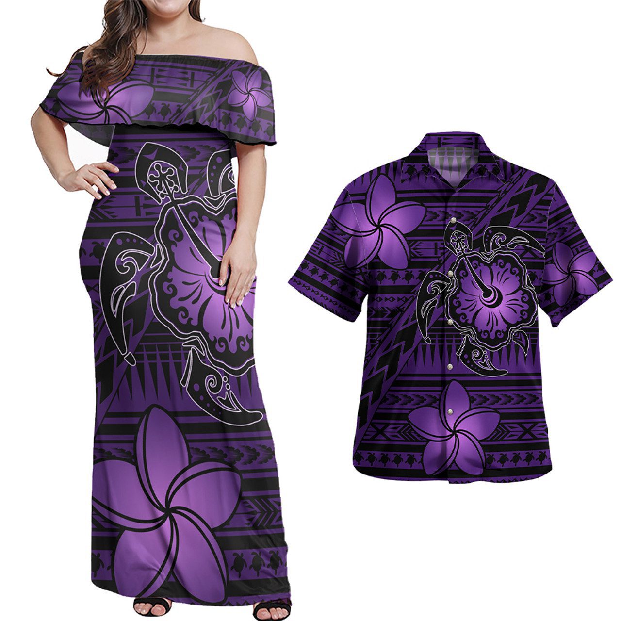 Hawaii Combo Off Shoulder Long Dress And Shirt Hibiscus Turle With Plumeria Flowers