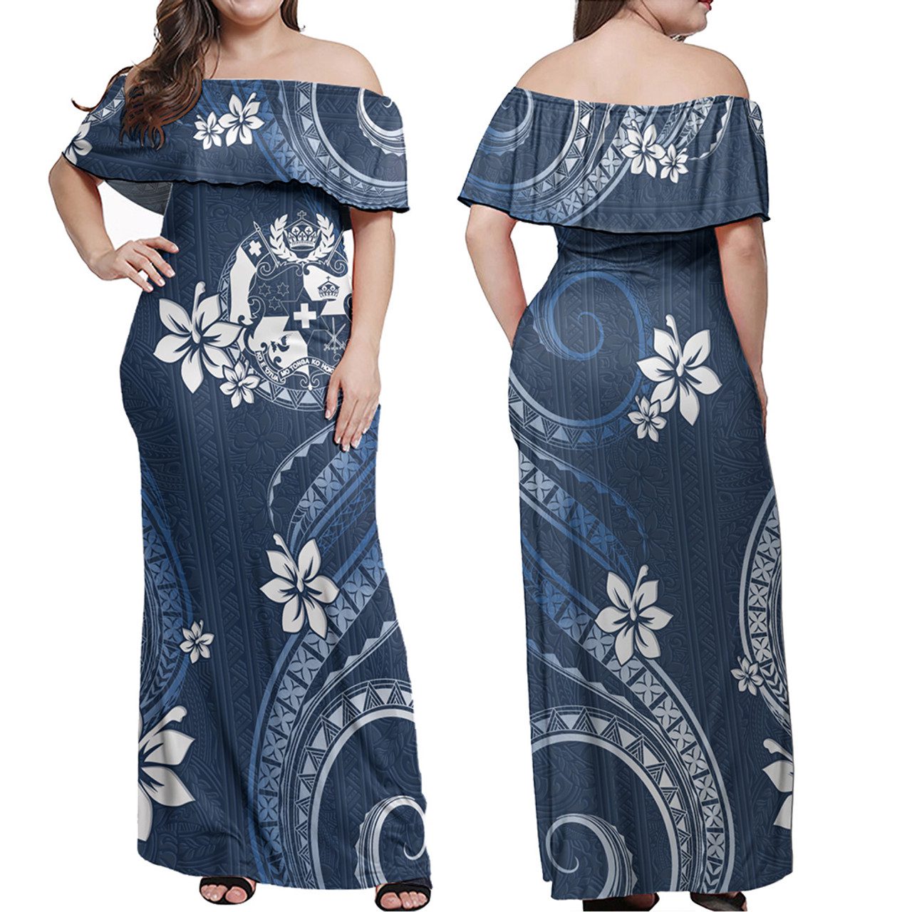 Tonga Combo Off Shoulder Long Dress And Shirt White Hibiscus Blue Pattern