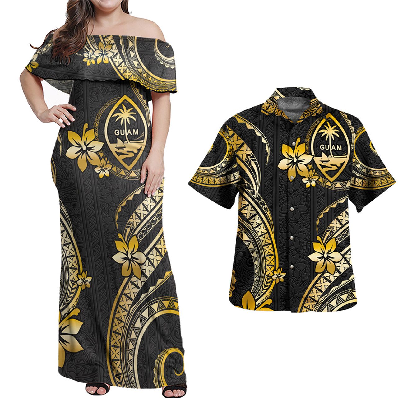 Guam Combo Off Shoulder Long Dress And Shirt Golden Polynesian Pattern