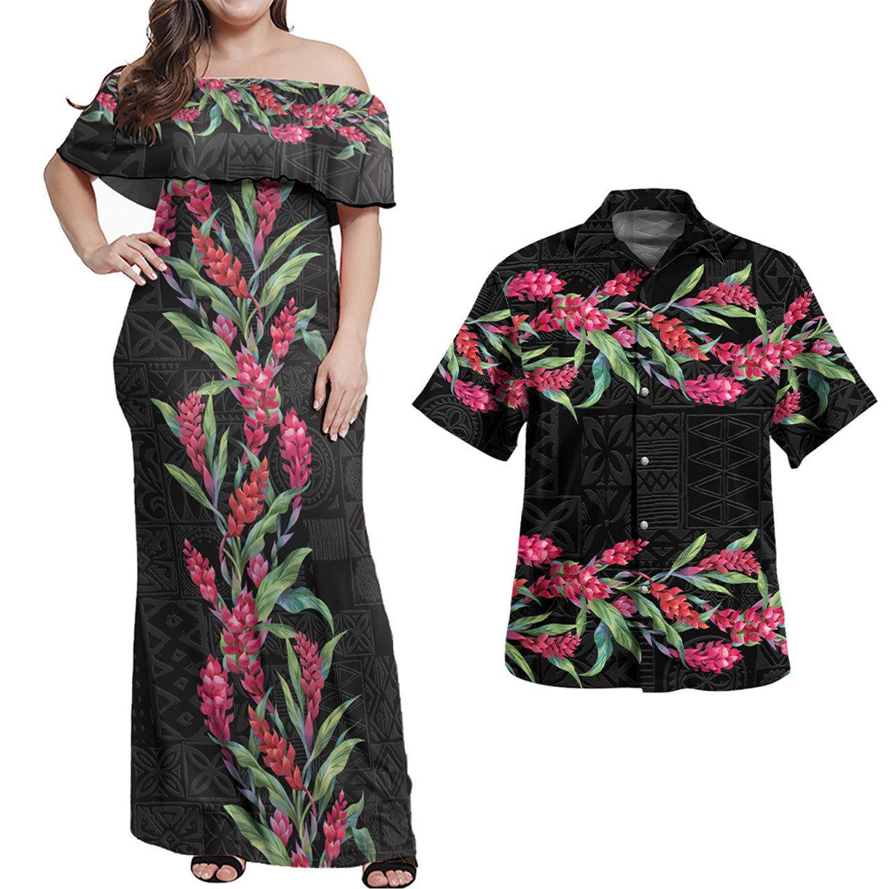 Combo Off Shoulder Long Dress And Shirt Ginger Flowers With Polynesian Motif