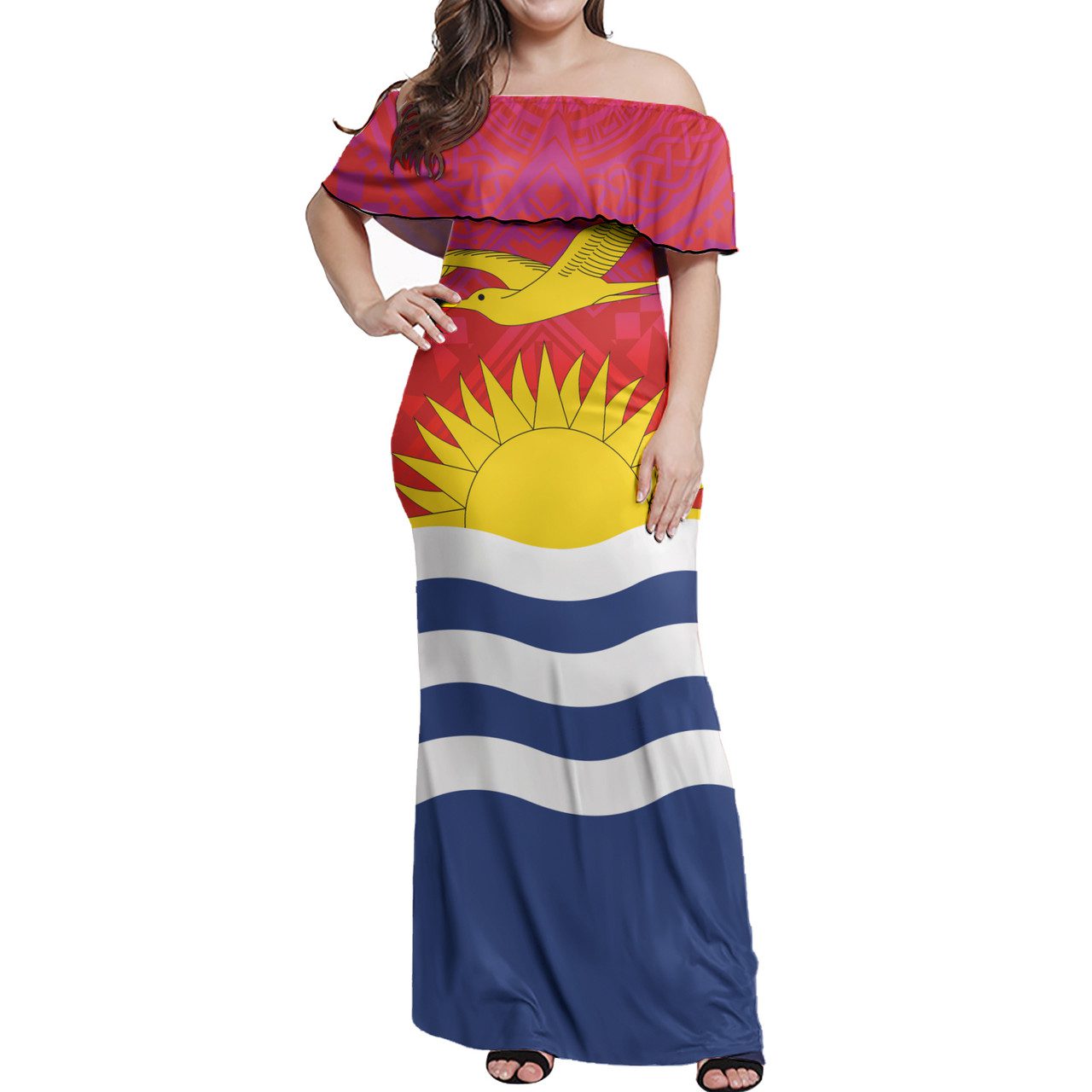 Kiribati Flag Color With Traditional Patterns Women Off Shoulder Long Dress