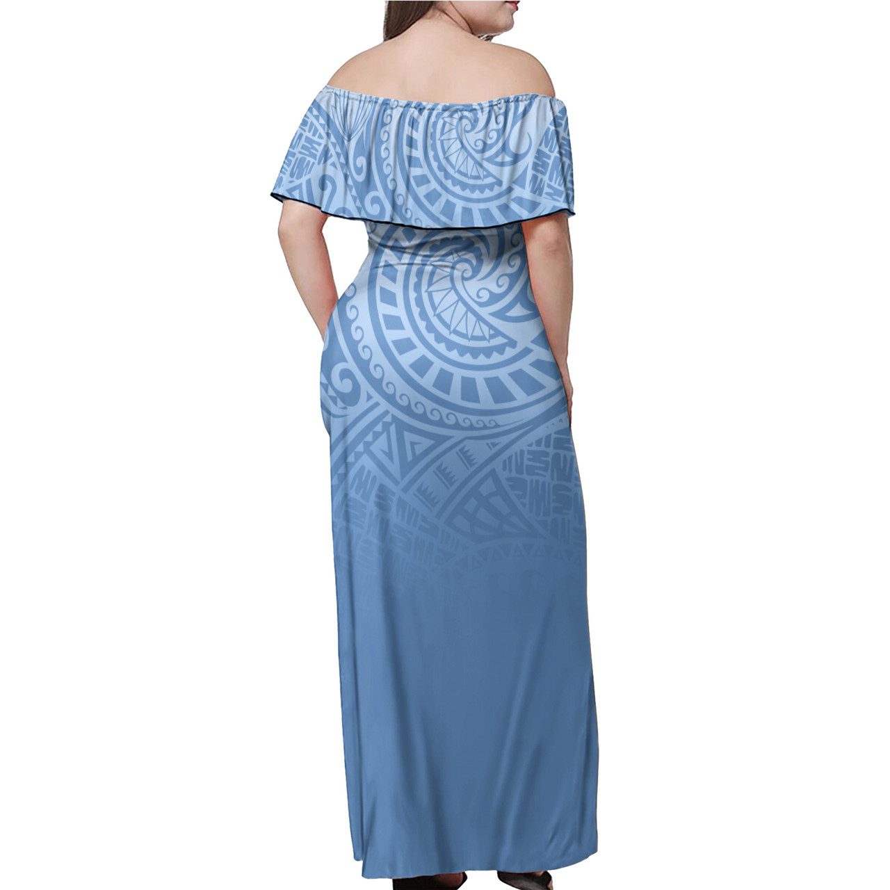 Kosrae State Flag Color With Traditional Patterns Women Off Shoulder Long Dress