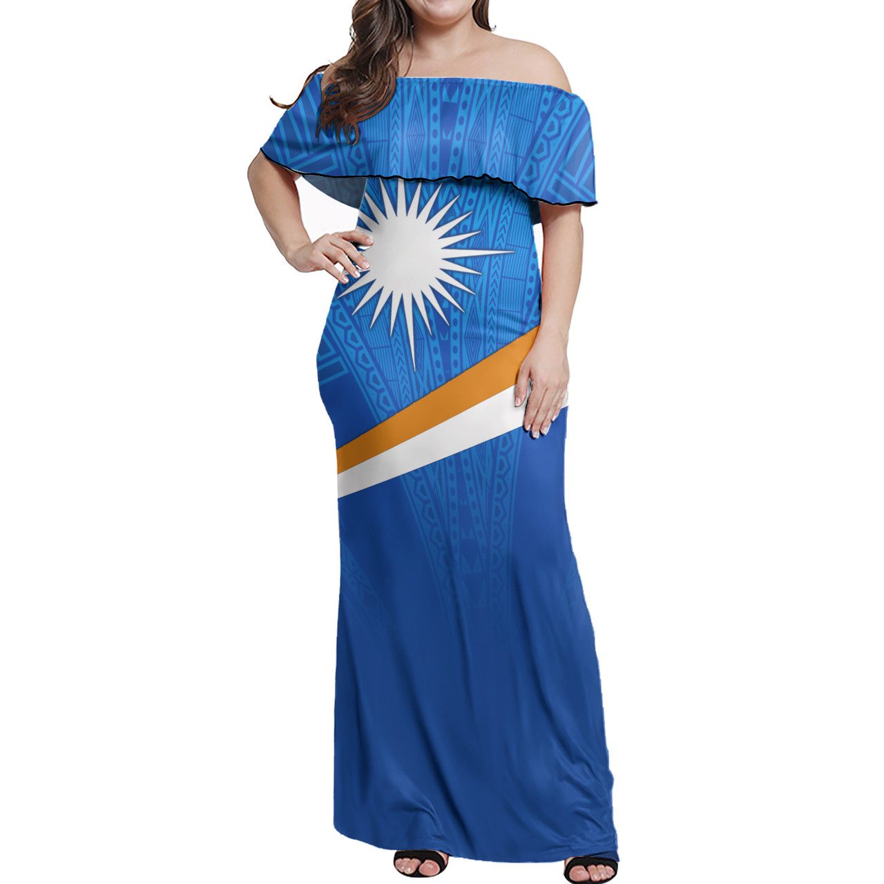 Marshall Islands Flag Color With Traditional Patterns Women Off Shoulder Long Dress