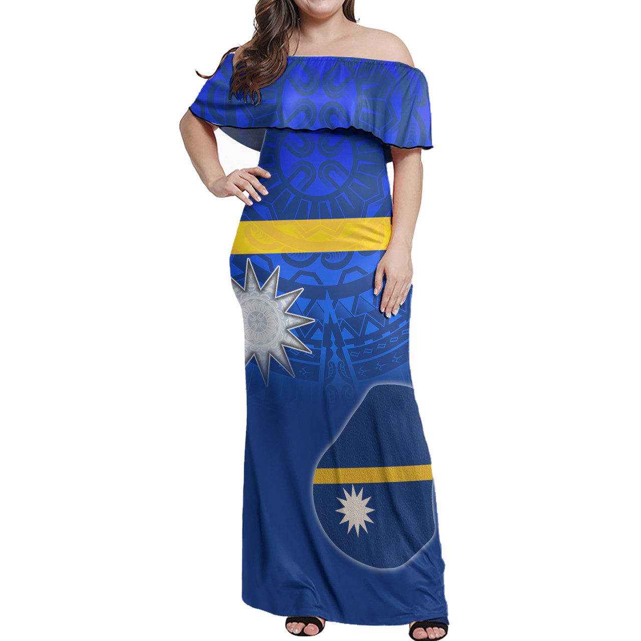 Nauru Flag Color With Traditional Patterns Women Off Shoulder Long Dress