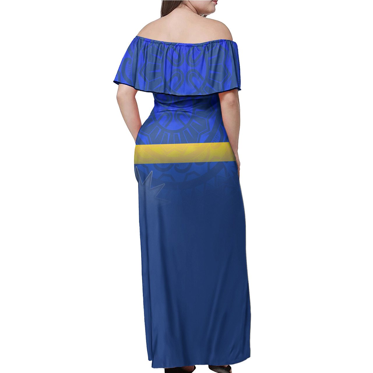Nauru Flag Color With Traditional Patterns Women Off Shoulder Long Dress