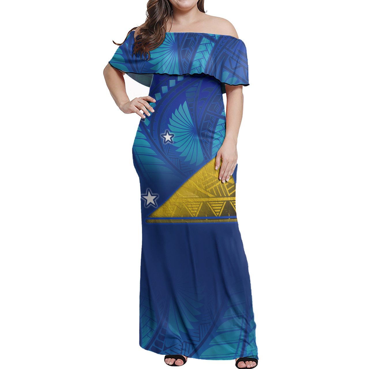 Tokelau Flag Color With Traditional Patterns Women Off Shoulder Long Dress