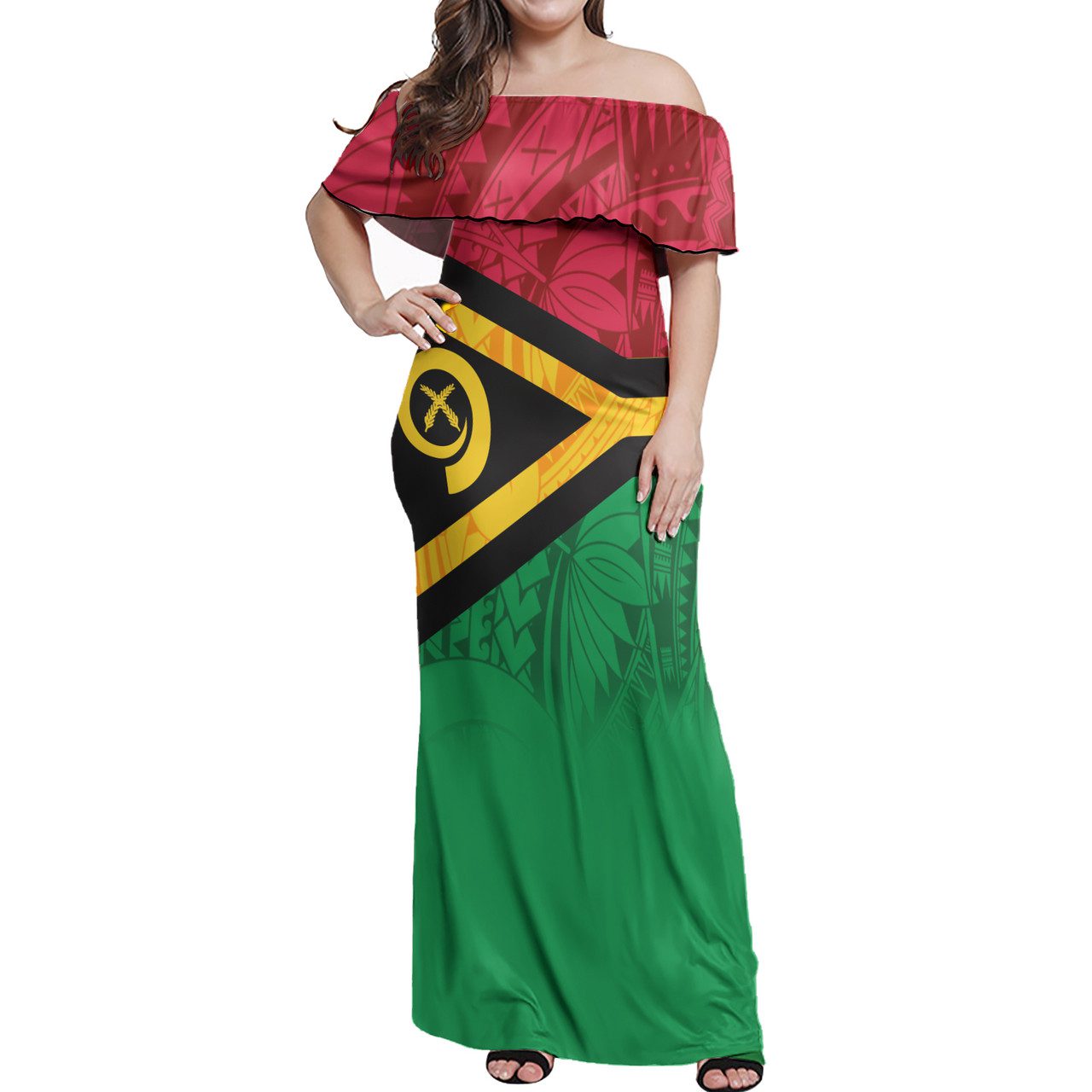 Vanuatu Flag Color With Traditional Patterns Women Off Shoulder Long Dress