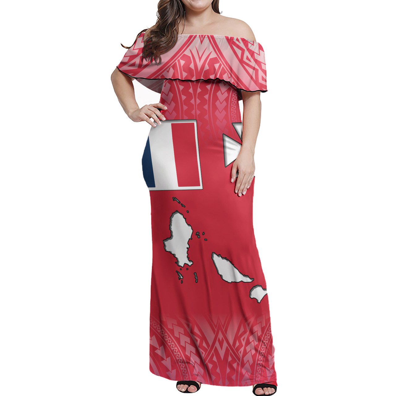Wallis And Futuna Flag Color With Traditional Patterns Women Off Shoulder Long Dress