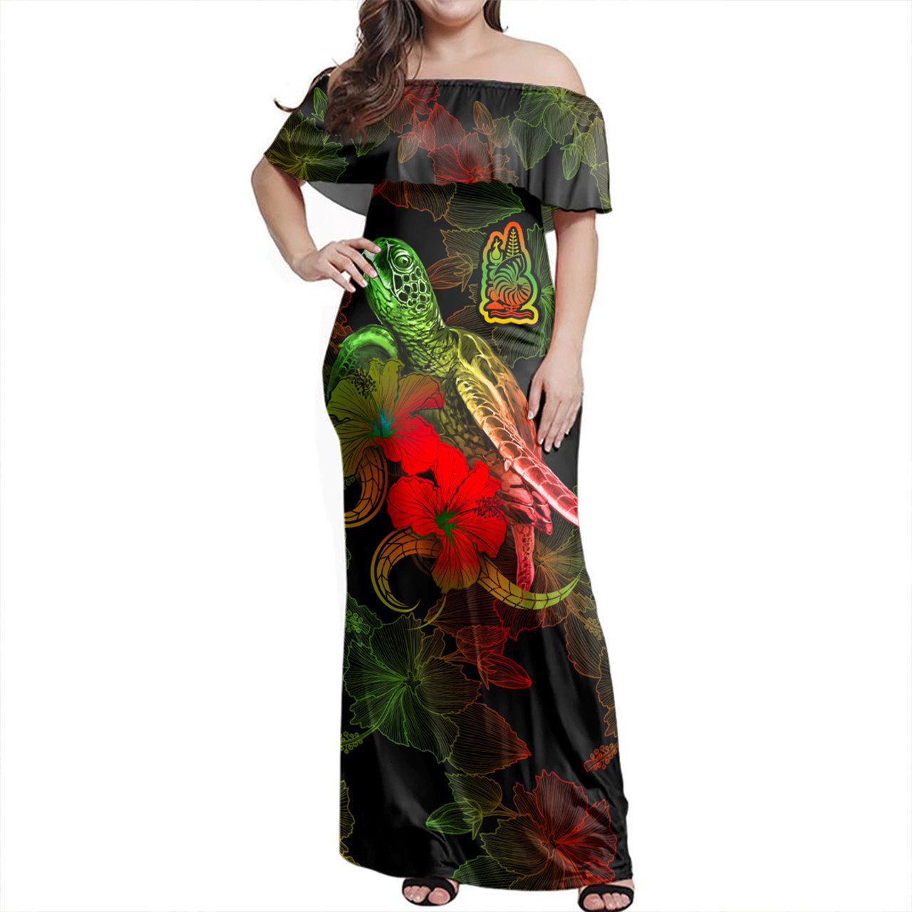 New Caledonia Woman Off Shoulder Long Dress – Sea Turtle With Blooming Hibiscus Flowers Reggae