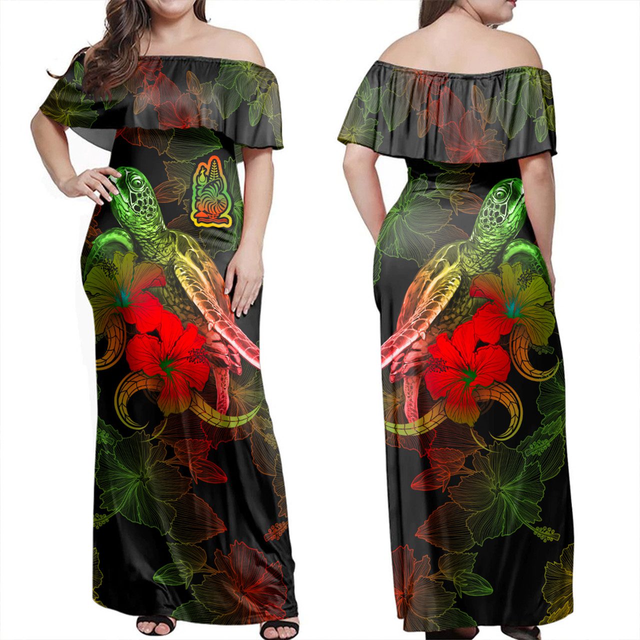 New Caledonia Woman Off Shoulder Long Dress – Sea Turtle With Blooming Hibiscus Flowers Reggae