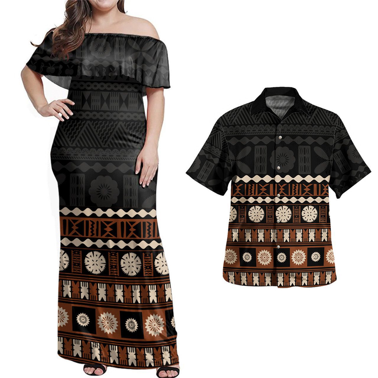 Fiji Combo Off Shoulder Long Dress And Shirt Bula Traditional Pattern