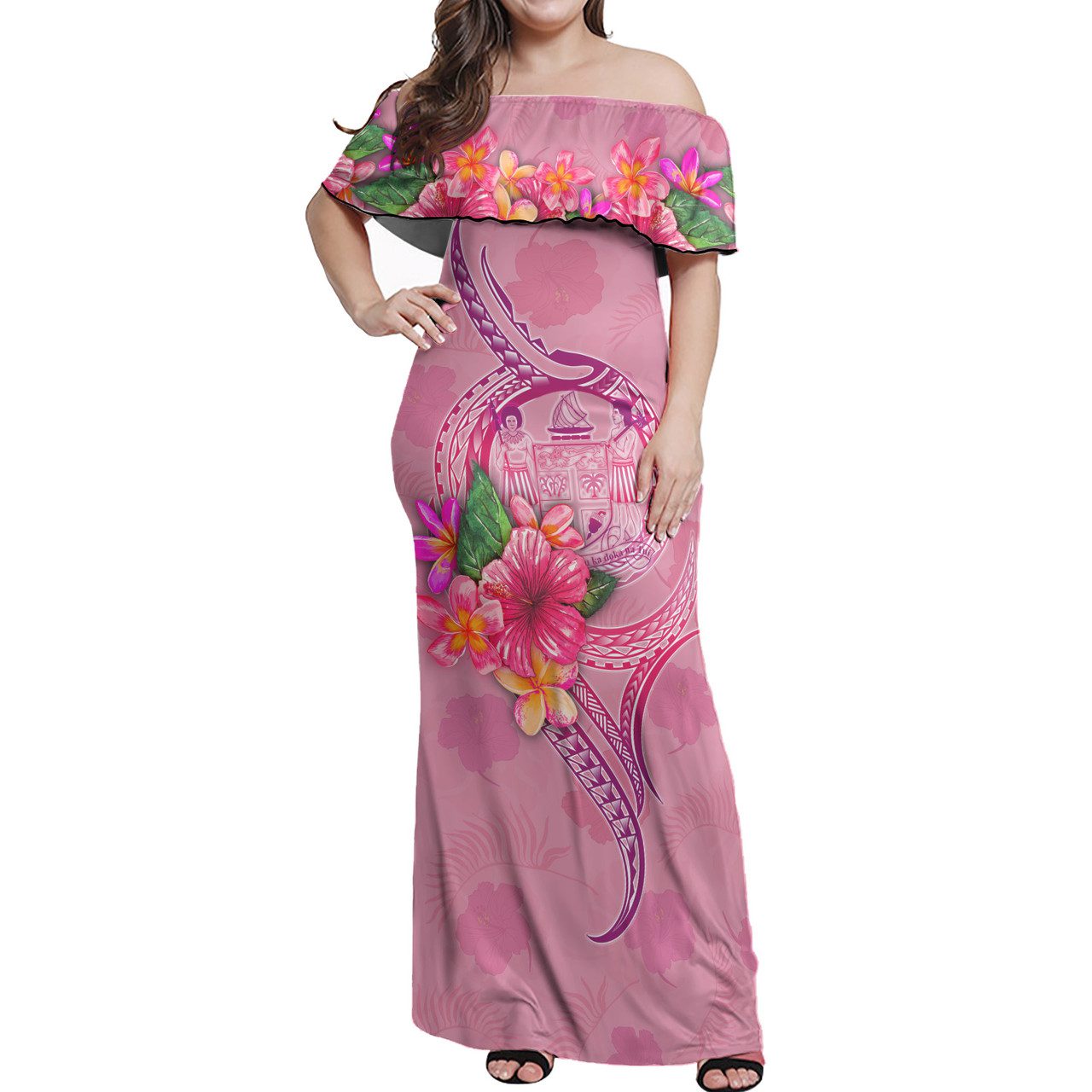 Fiji Combo Off Shoulder Long Dress And Shirt Floral With Seal Pink