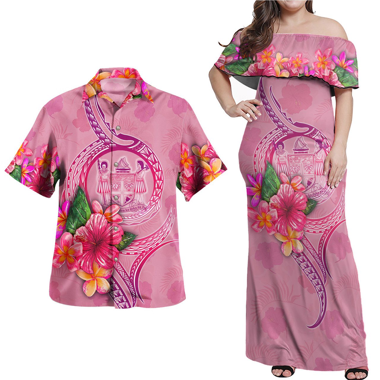 Fiji Combo Off Shoulder Long Dress And Shirt Floral With Seal Pink