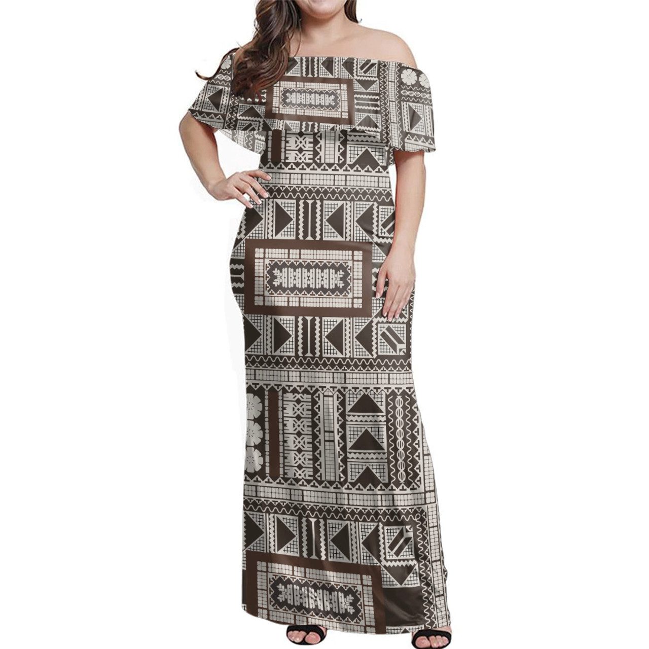 Fiji Woman Off Shoulder Long Dress Tapa Culture