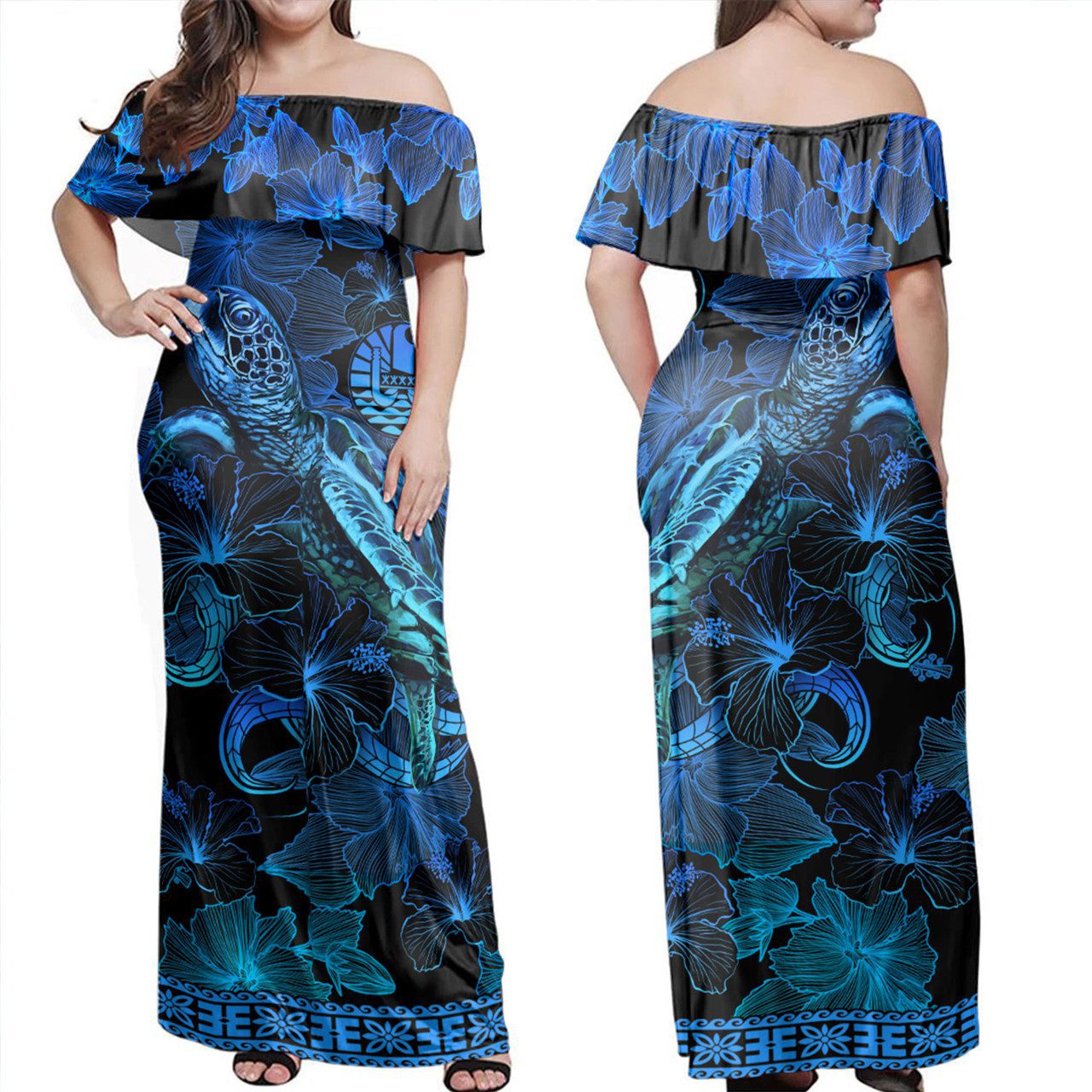 French Polynesia Off Shoulder Long Dress Sea Turtle With Blooming Hibiscus Flowers Tribal Blue