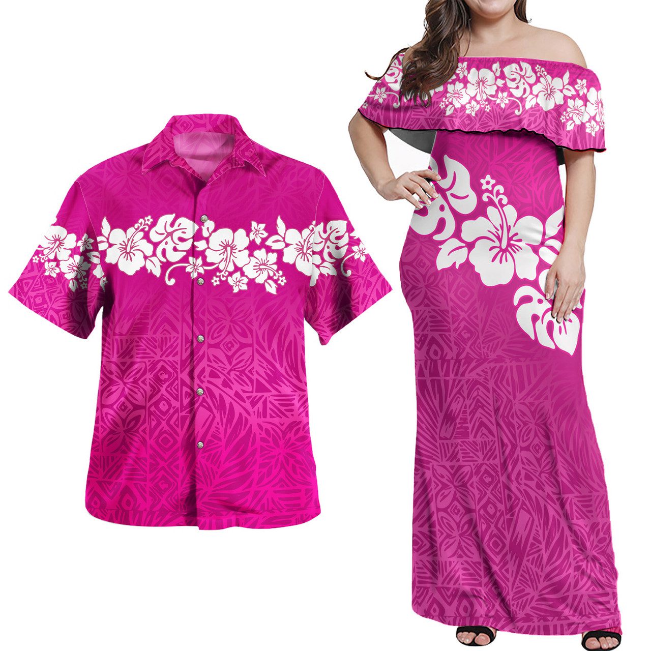 Polynesian Combo Off Shoulder Long Dress And Shirt Pink Color Style